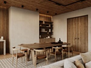 contemporary-loft-interior-with-dining-table-chairs-wooden-ceiling-carpet-decor-3d-render-min